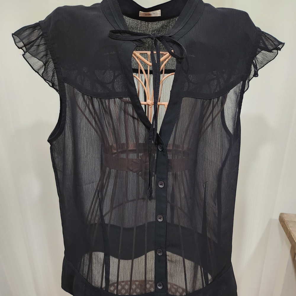 Chic Black Sheer Blouse with Lace-Up Detail